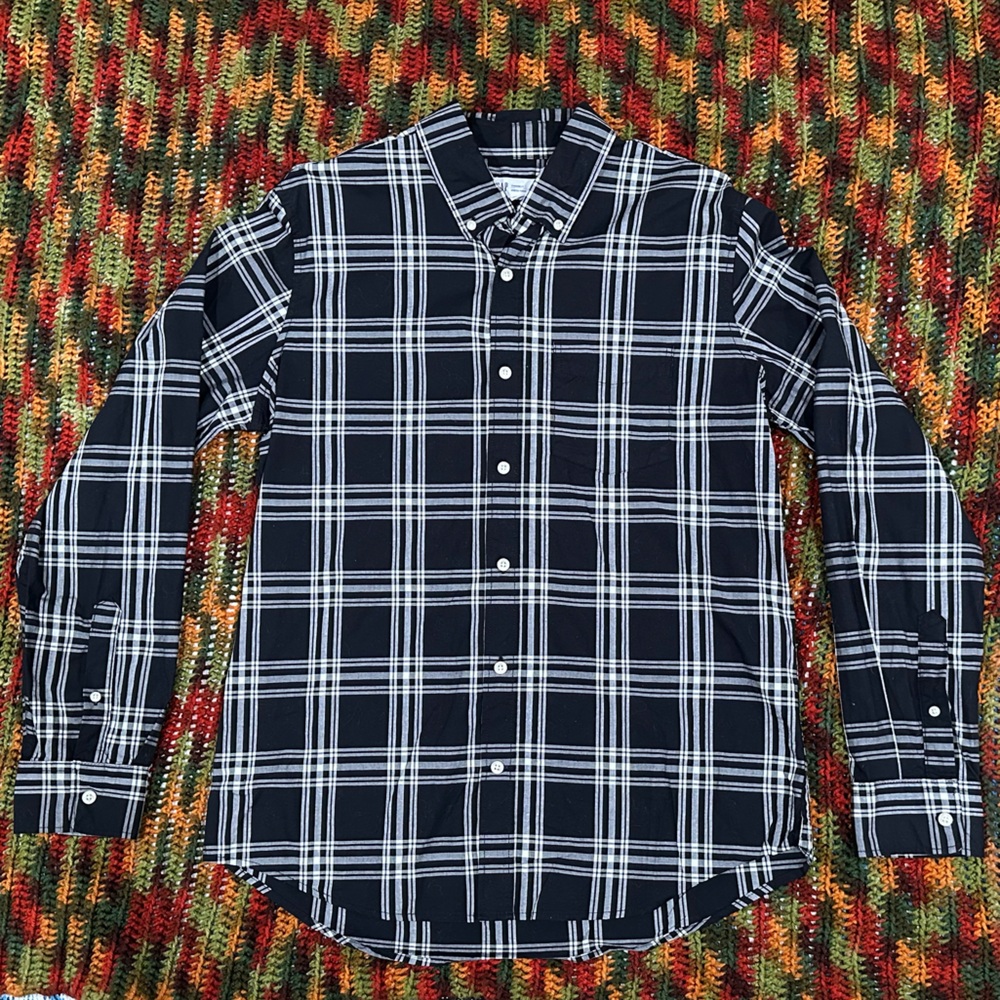 GAP Men's Black and White Plaid Button Down Stretch Poplin Shirt Standard Sz M